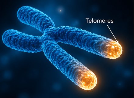 Illustration of a chromosome with its telomeres highlighted at each end