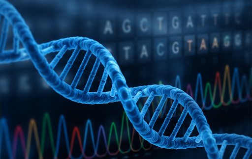 Illustration of a DNA double helix over a genetic sequencing trace, representing genetic testing for interstitial lung disease
